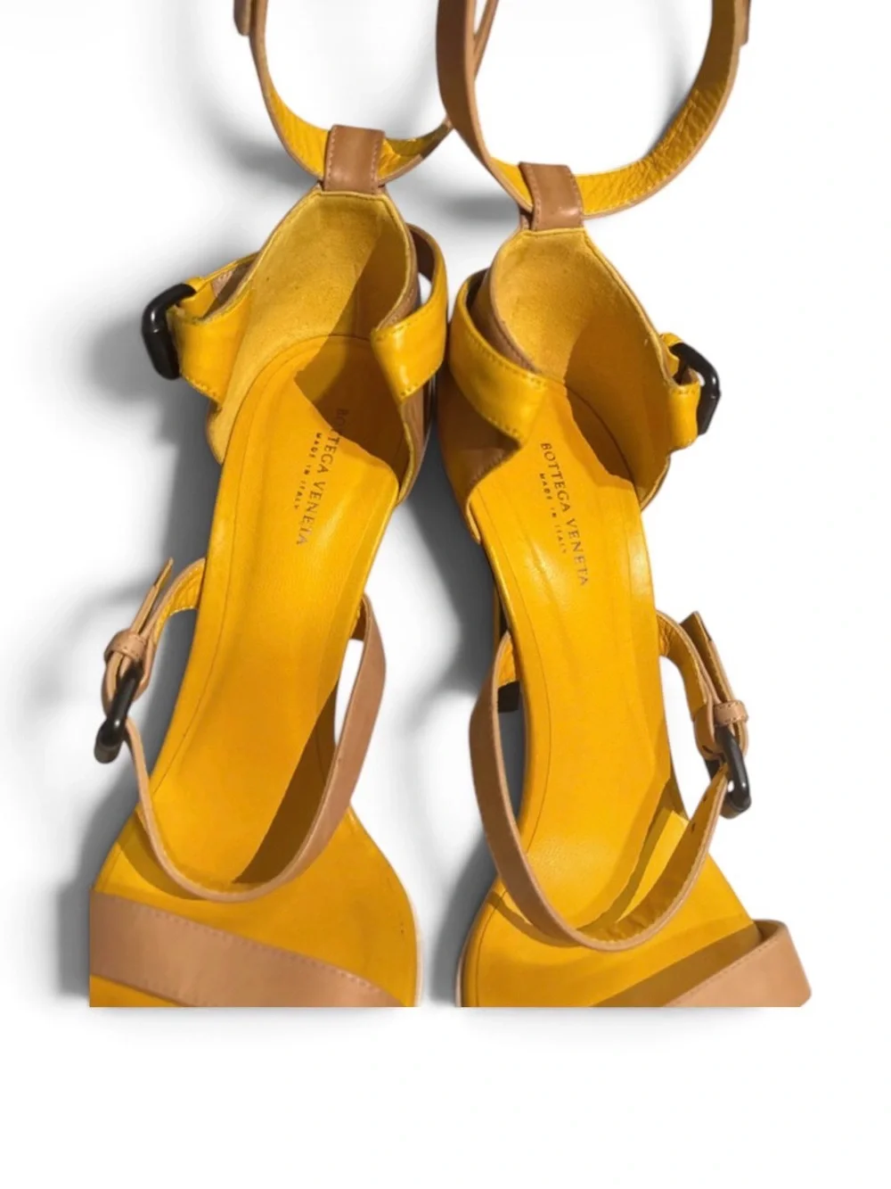 Authentic Bottega Veneta Tan & Yellow Multi-Strap Buckle Sandals - Size 38